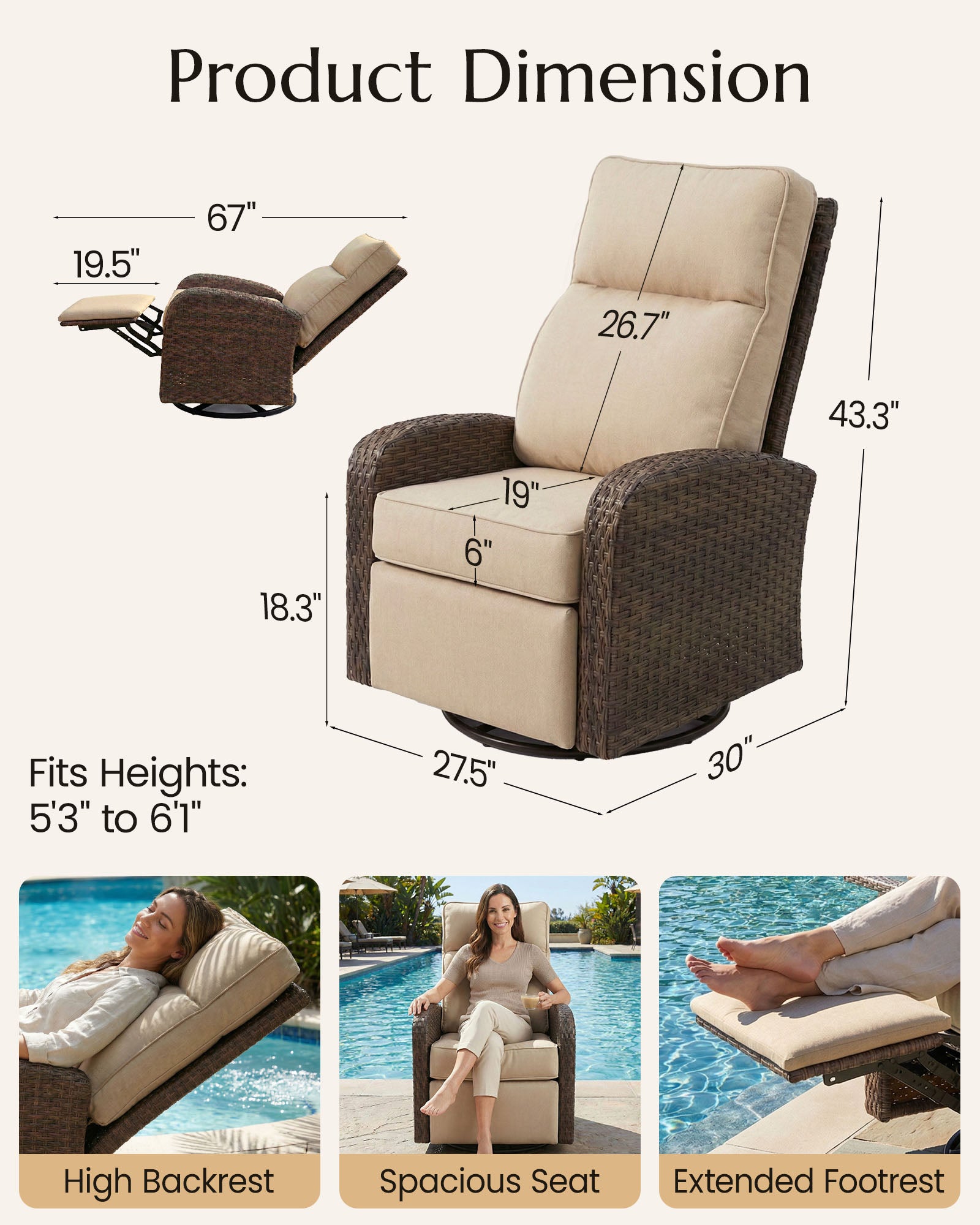 3PC Patio Wicker Swivel Glider Recliners Set, 6" Thick Cushion & High-Back, Grey
