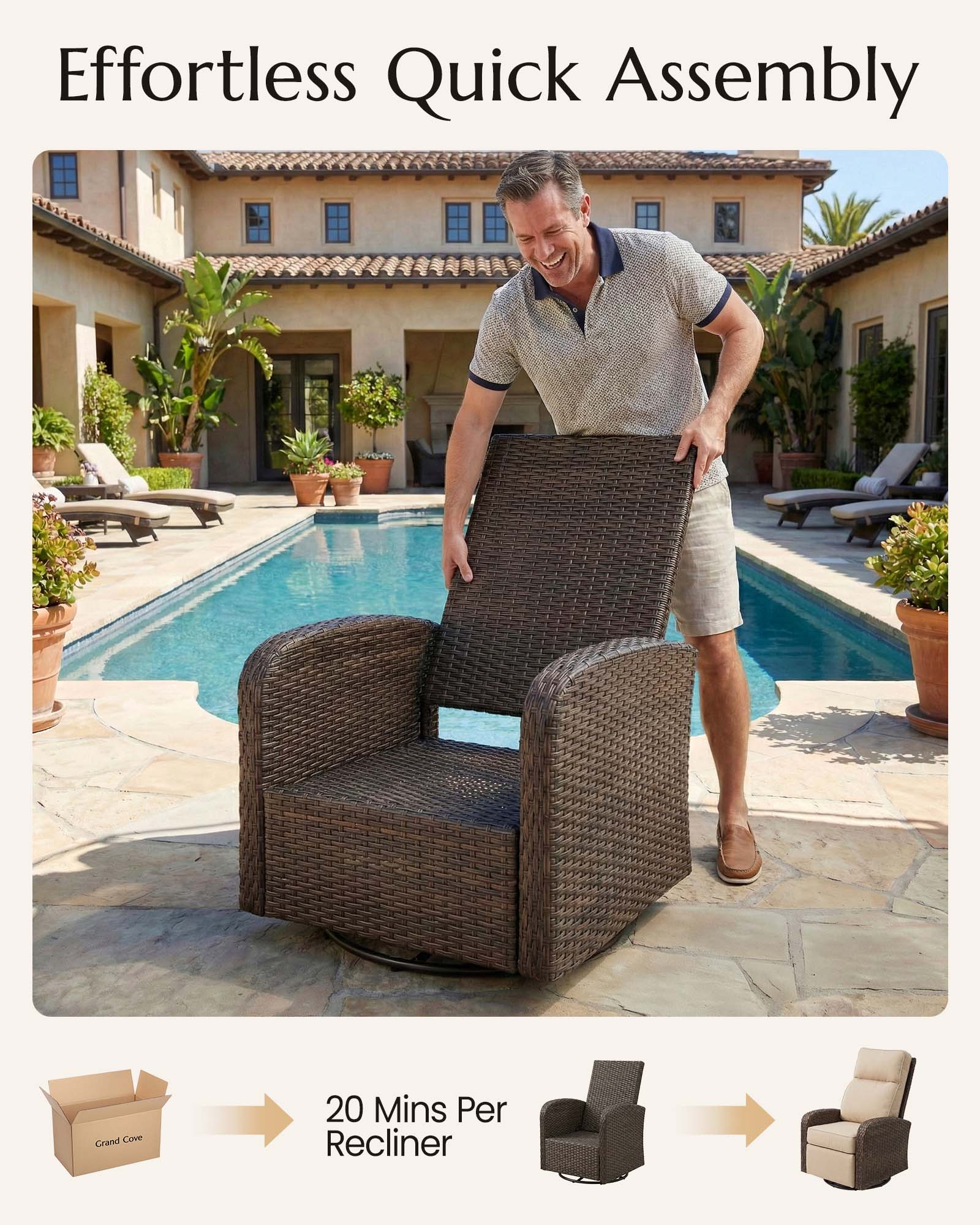 3PC Patio Wicker Swivel Glider Recliners Set, 6" Thick Cushion & High-Back, Beige