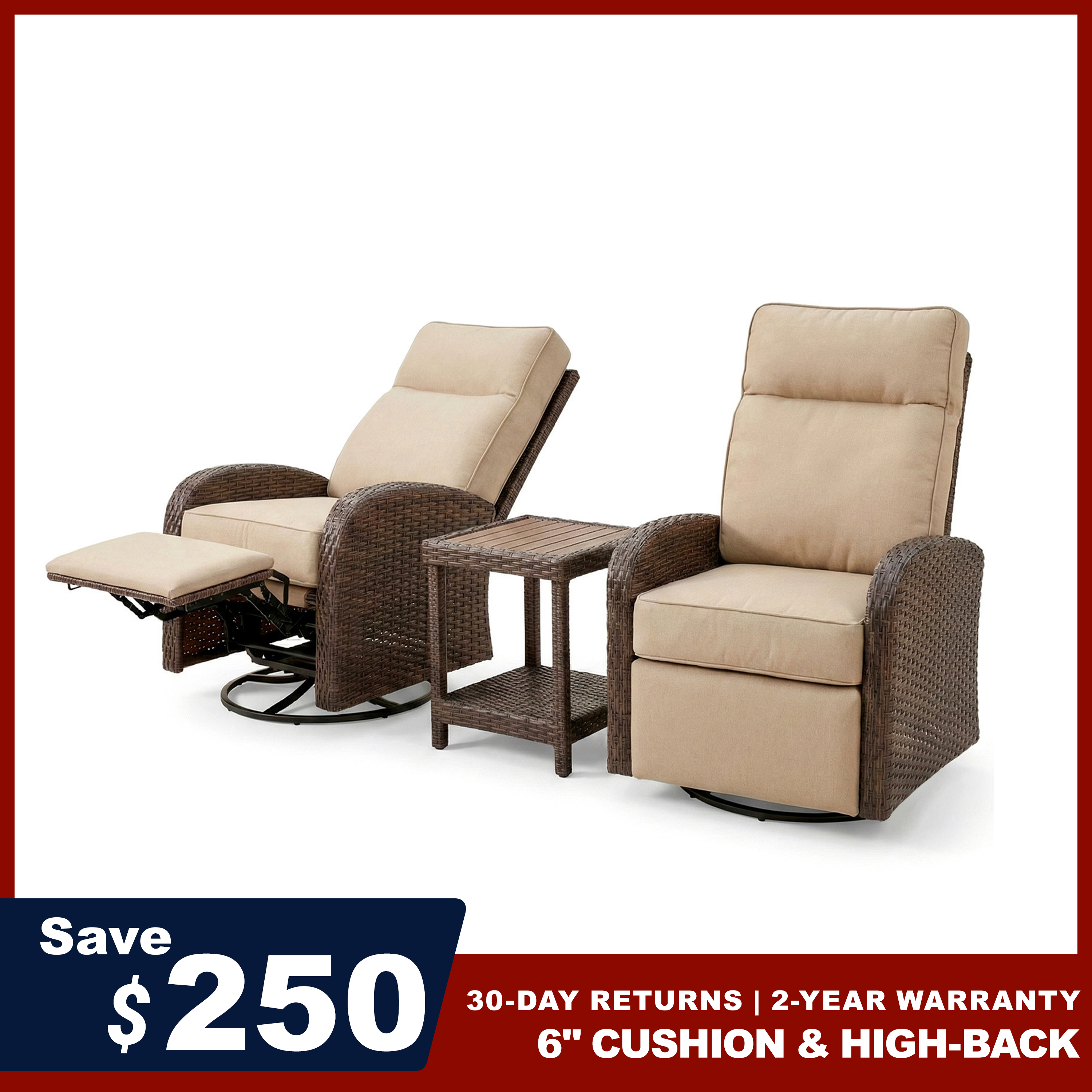 3PC Patio Wicker Swivel Glider Recliners Set, 6" Thick Cushion & High-Back, Beige