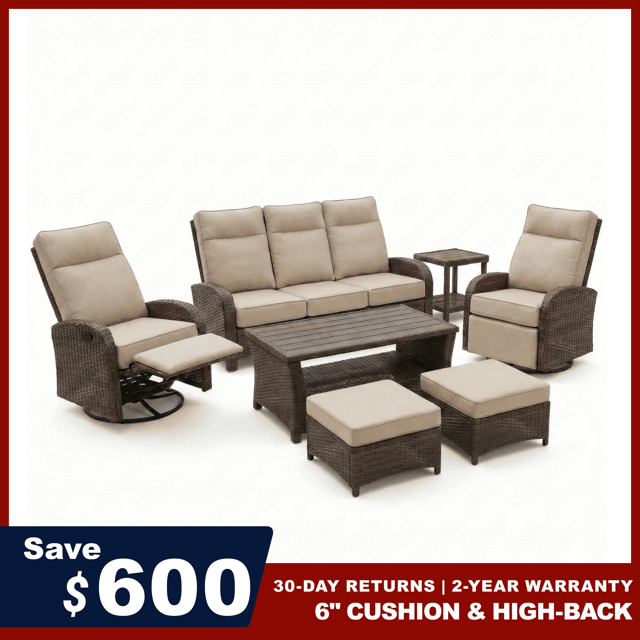 7PC Patio Wicker Swivel Glider Recliners Sofa Set, with Coffee Table and Side Table, Beige