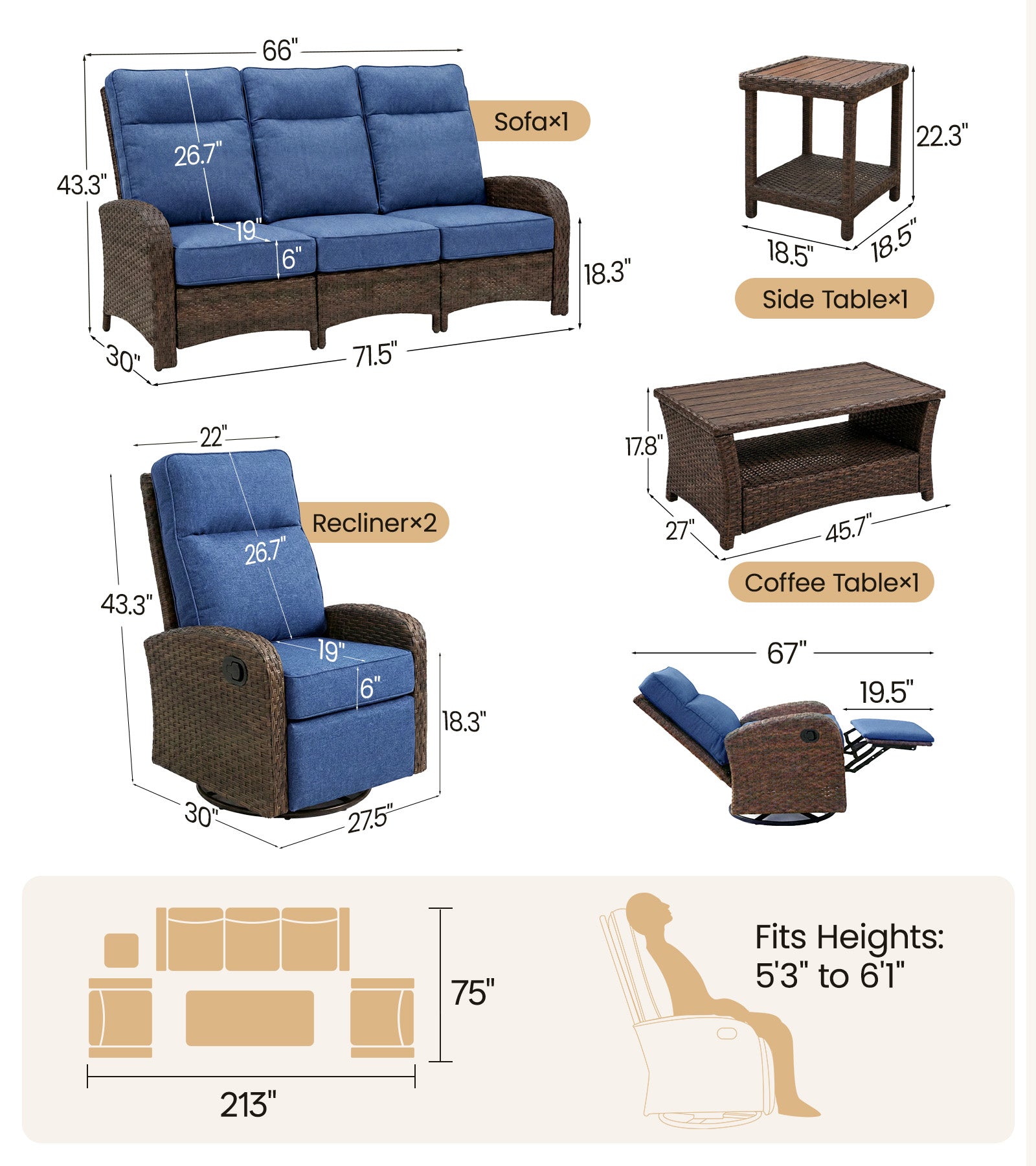 5PC Patio Wicker Swivel Glider Recliners Sofa Set, with Coffee Table and Side Table, Blue