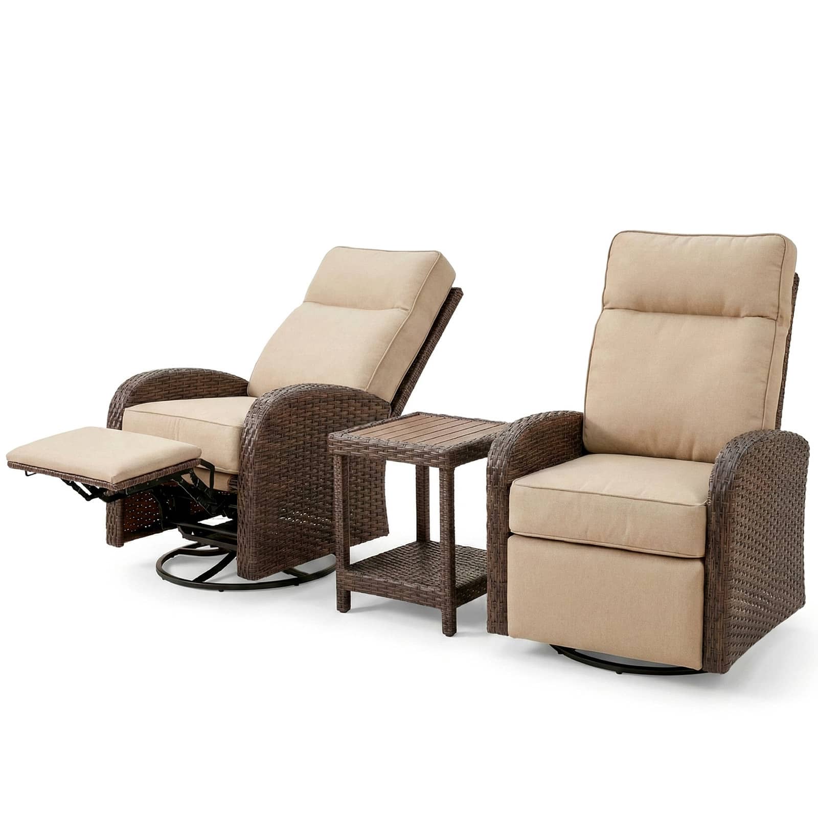 3PC Patio Wicker Swivel Glider Recliners Set, 6" Thick Cushion & High-Back, Beige