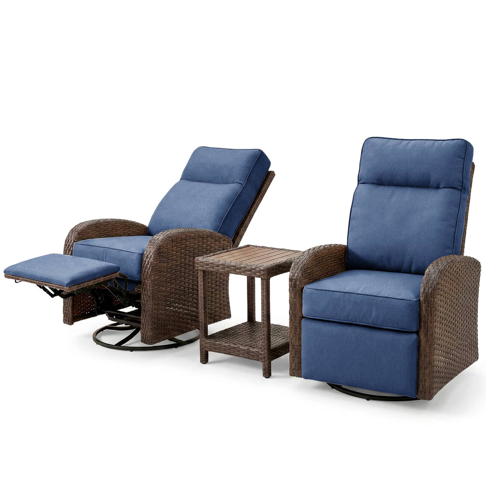 3PC Patio Wicker Swivel Glider Recliners Set, 6" Thick Cushion & High-Back, Grey
