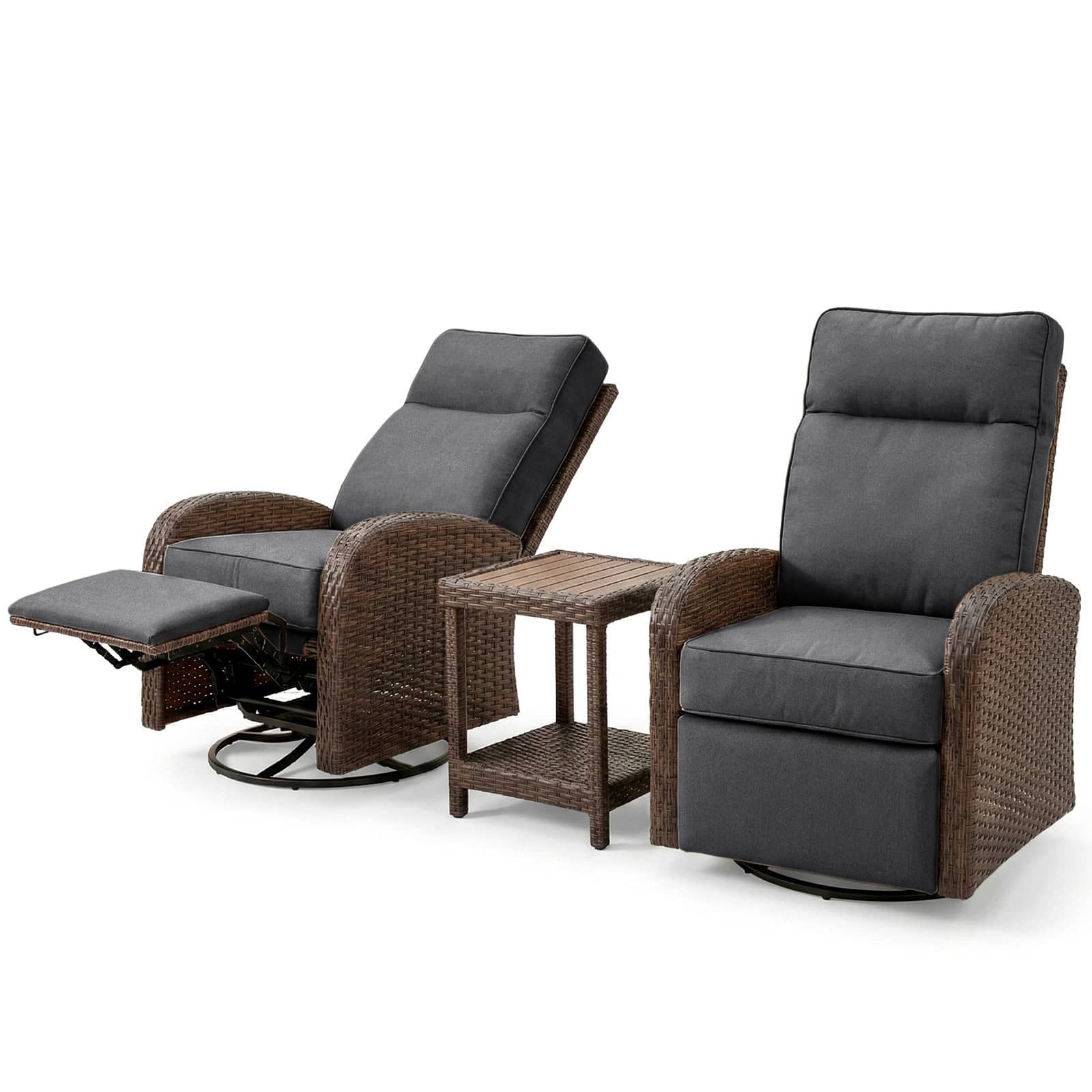 3PC Patio Wicker Swivel Glider Recliners Set, 6" Thick Cushion & High-Back, Grey