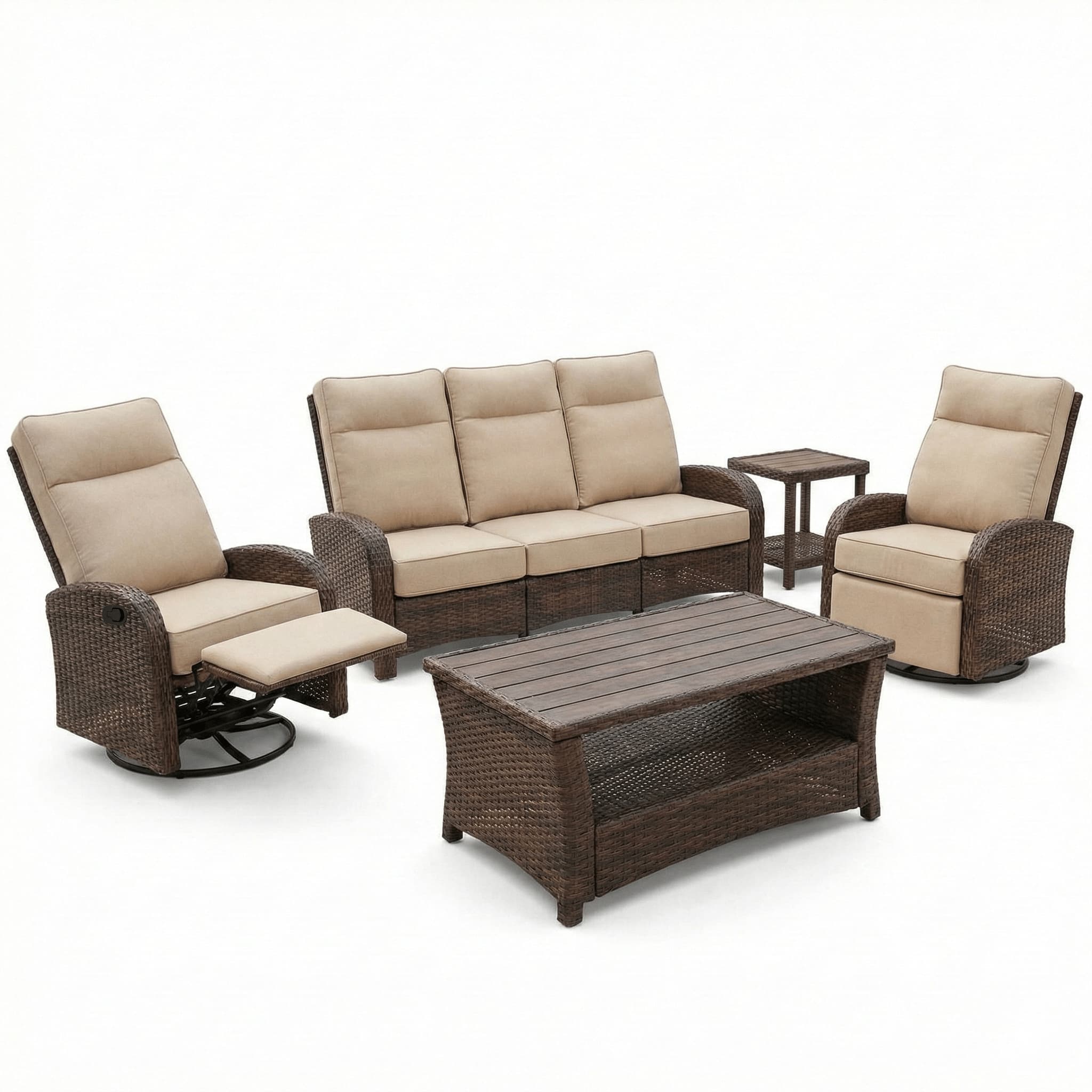 5PC Patio Wicker Swivel Glider Recliners Sofa Set, with Coffee Table and Side Table, Blue