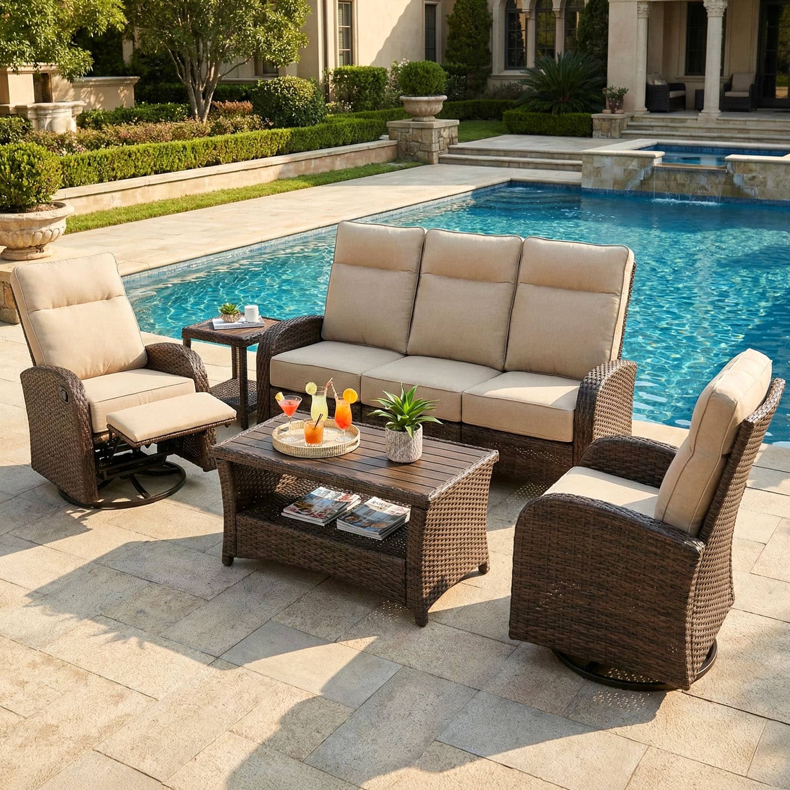5PC Patio Wicker Swivel Glider Recliners Sofa Set, with Coffee Table and Side Table, Beige