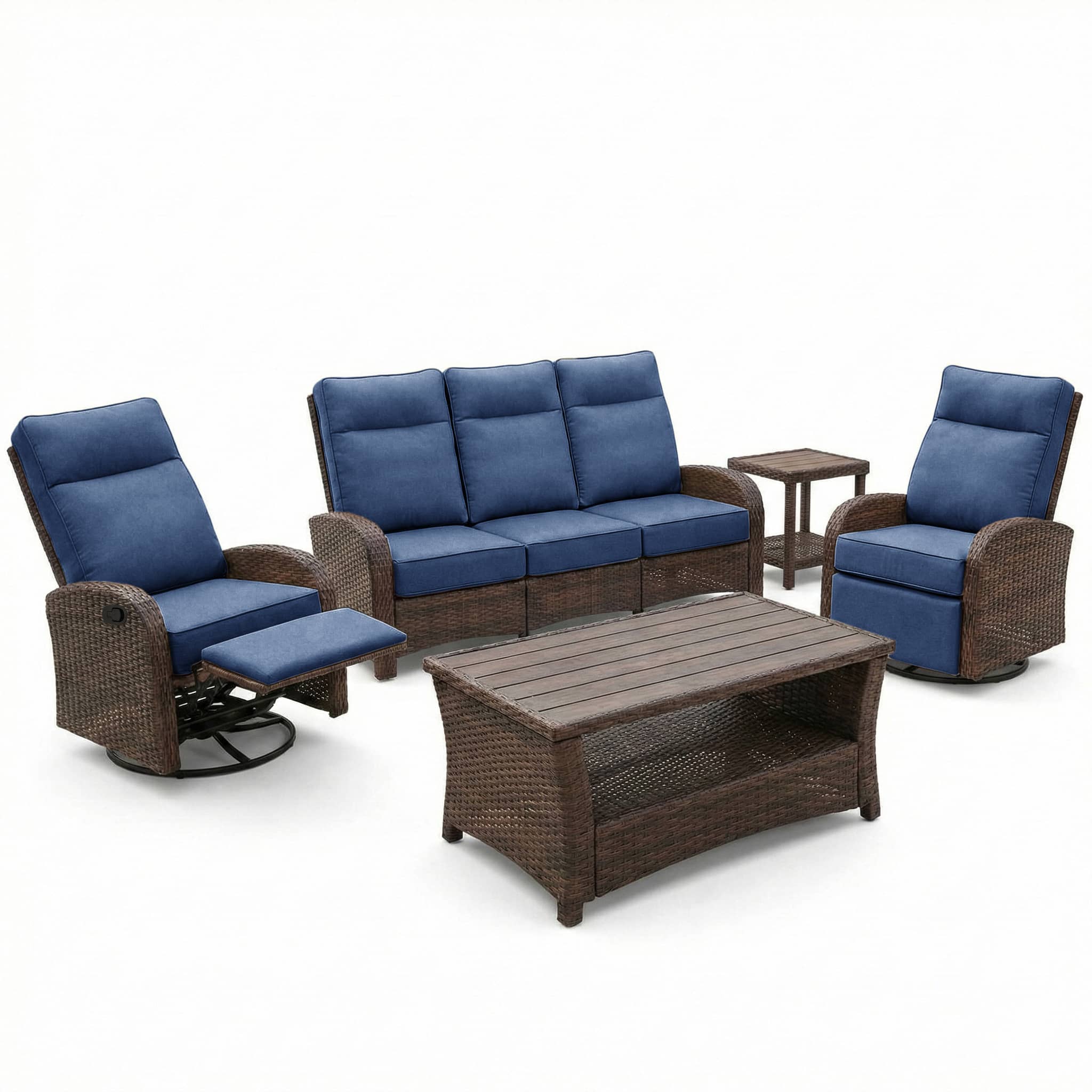 5PC Patio Wicker Swivel Glider Recliners Sofa Set, with Coffee Table and Side Table, Beige