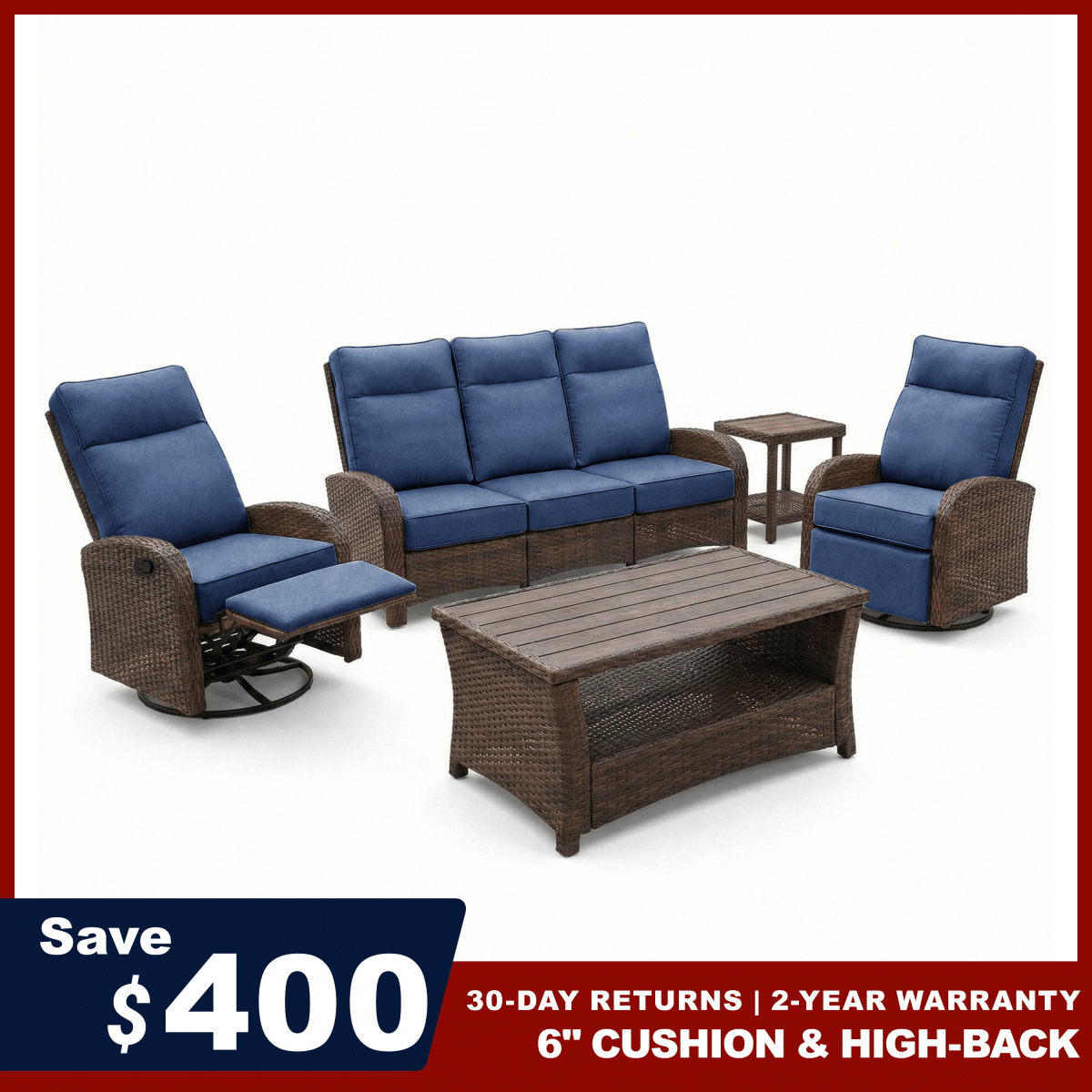 5PC Patio Wicker Swivel Glider Recliners Sofa Set, with Coffee Table and Side Table, Blue