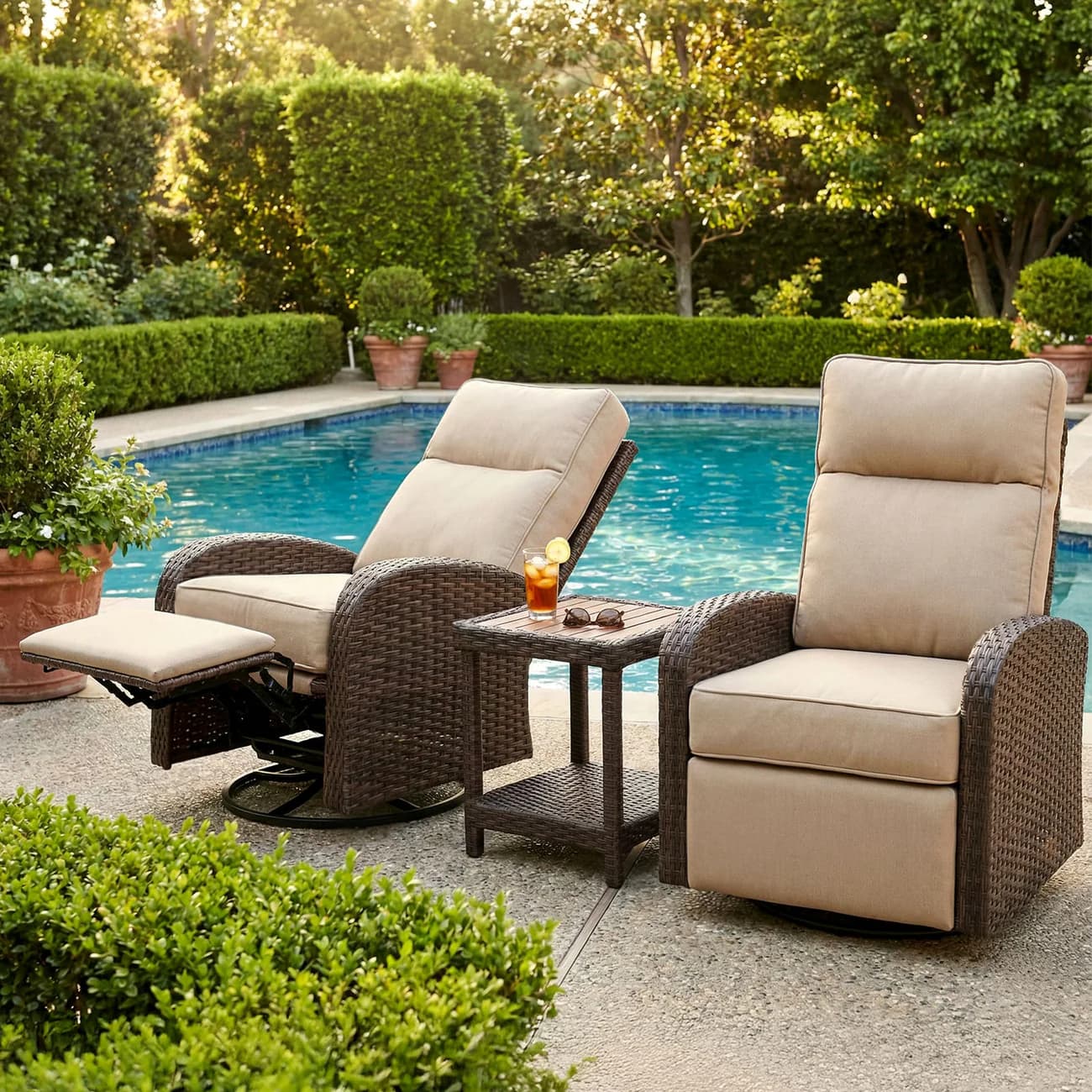 3PC Patio Wicker Swivel Glider Recliners Set, 6" Thick Cushion & High-Back, Grey