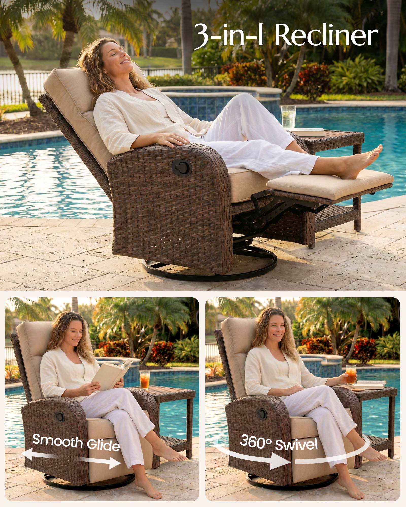 2PC Patio Wicker Swivel Glider Recliners, 6" Thick Cushion & High-Back, Beige