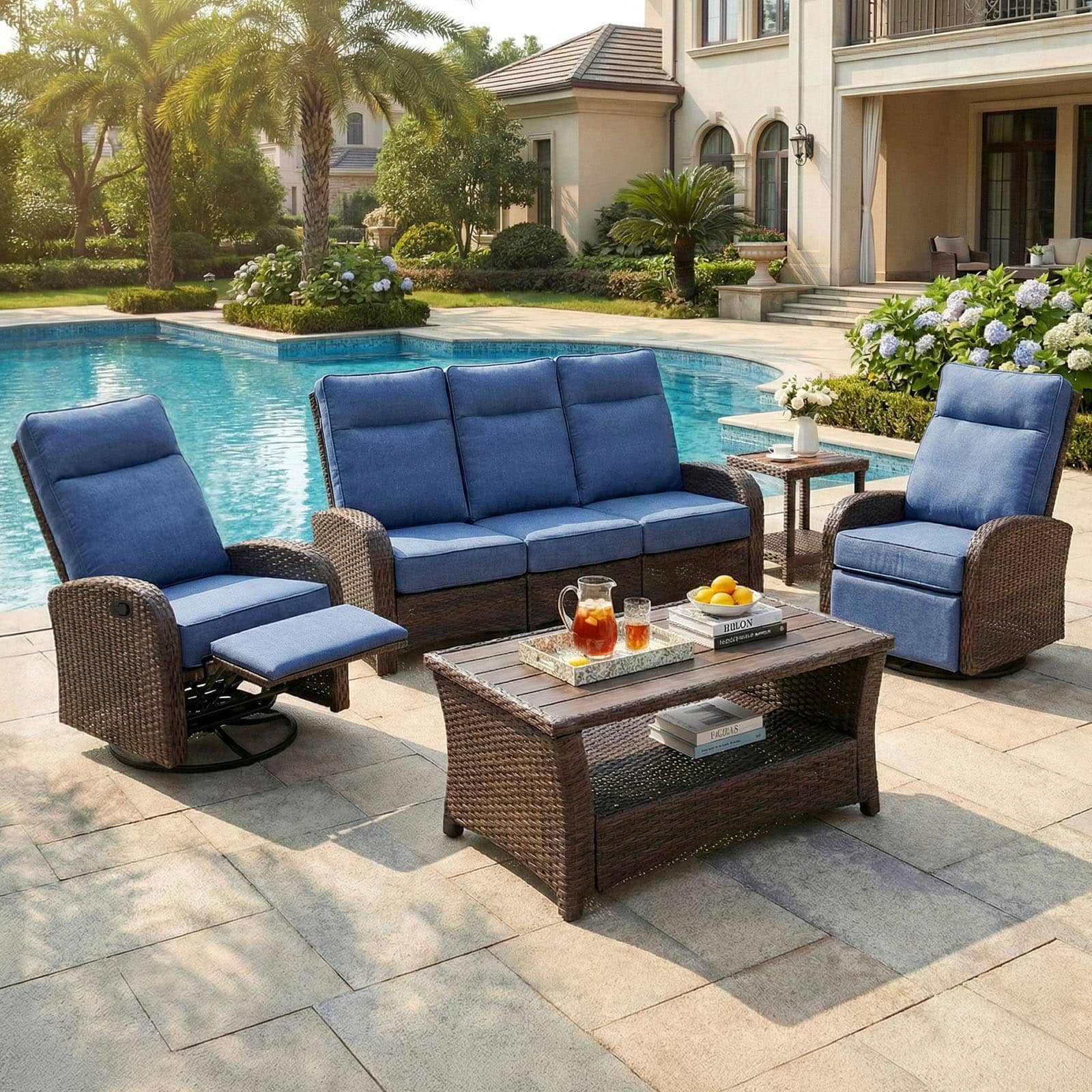 5PC Patio Wicker Swivel Glider Recliners Sofa Set, with Coffee Table and Side Table, Blue