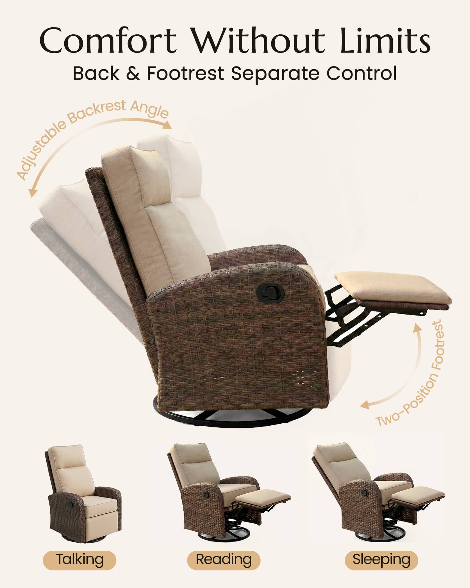 5PC Patio Wicker Swivel Glider Recliners Sofa Set, with Coffee Table and Side Table, Blue