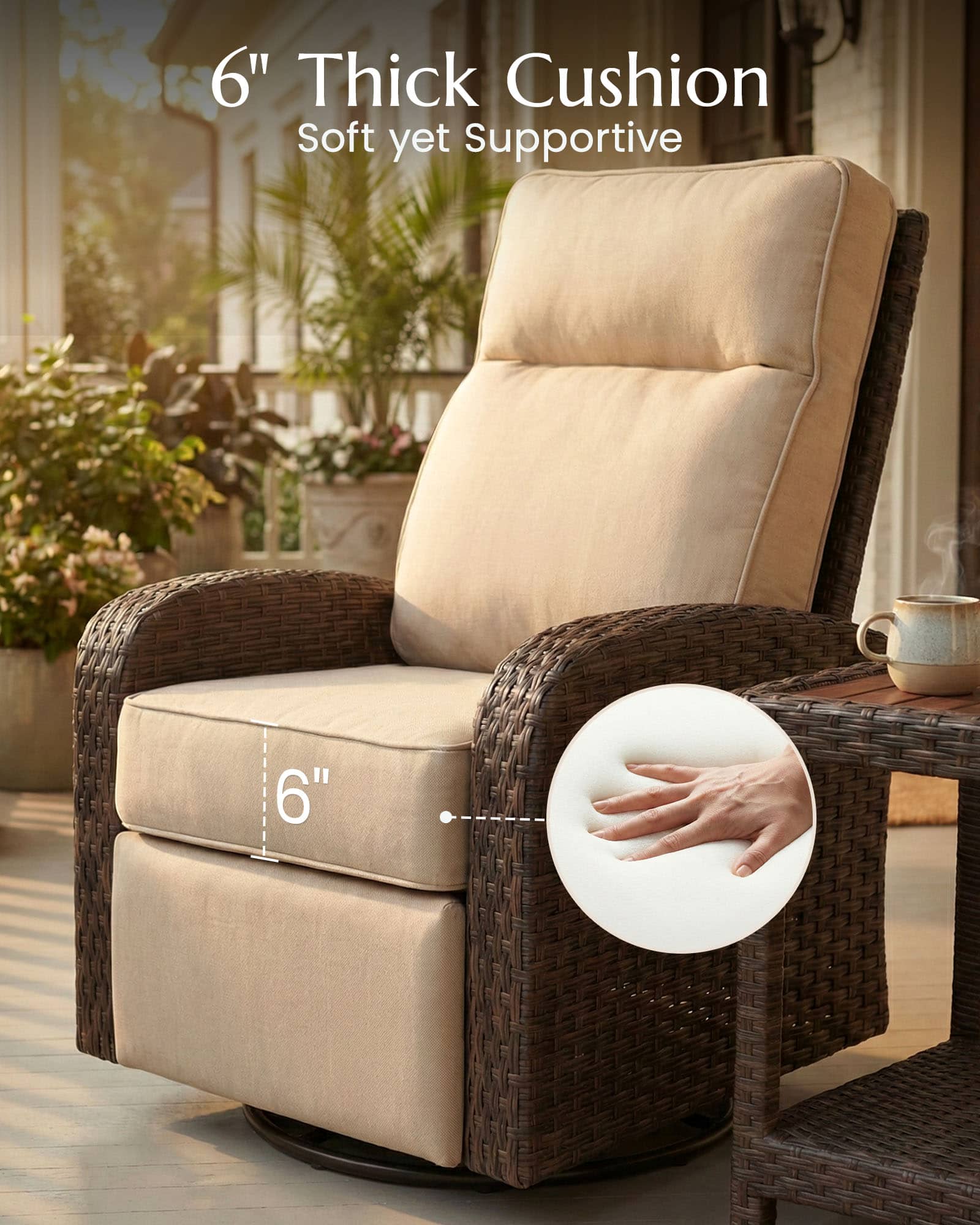 3PC Patio Wicker Swivel Glider Recliners Set, 6" Thick Cushion & High-Back, Grey