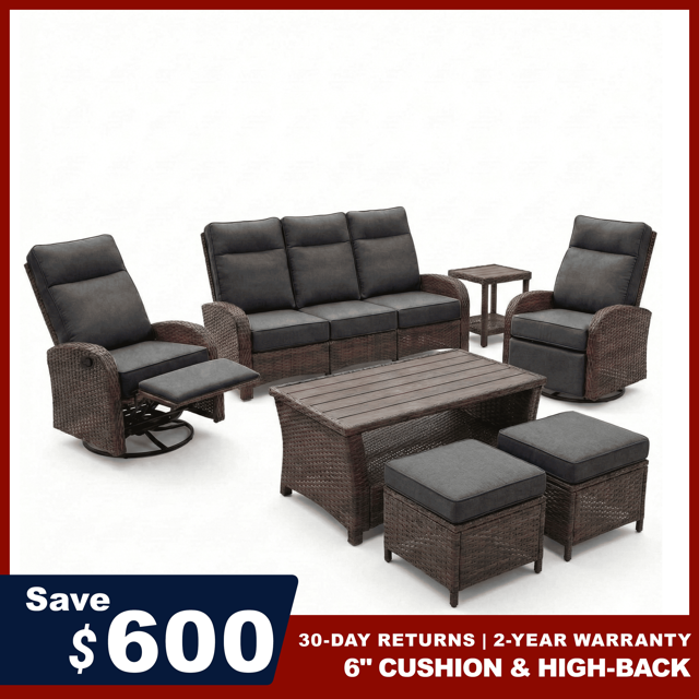 7PC Patio Wicker Swivel Glider Recliners Sofa Set, with Coffee Table and Side Table, Grey