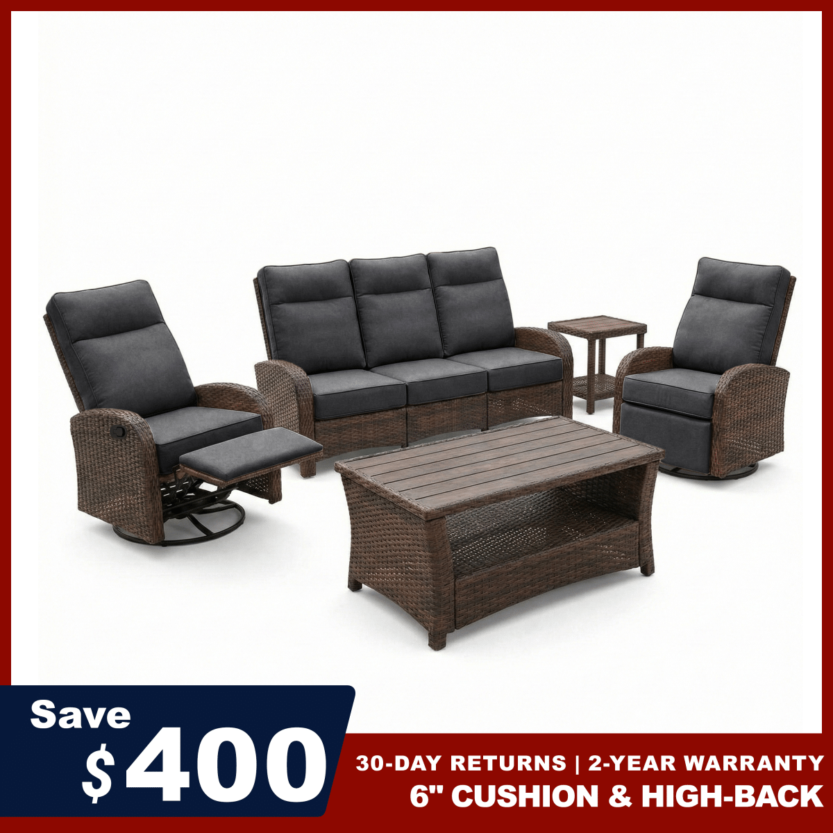 5PC Patio Wicker Swivel Glider Recliners Sofa Set, with Coffee Table and Side Table, Grey