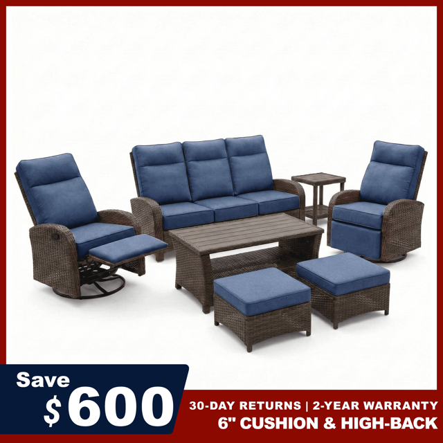7PC Patio Wicker Swivel Glider Recliners Sofa Set, with Coffee Table and Side Table, Blue