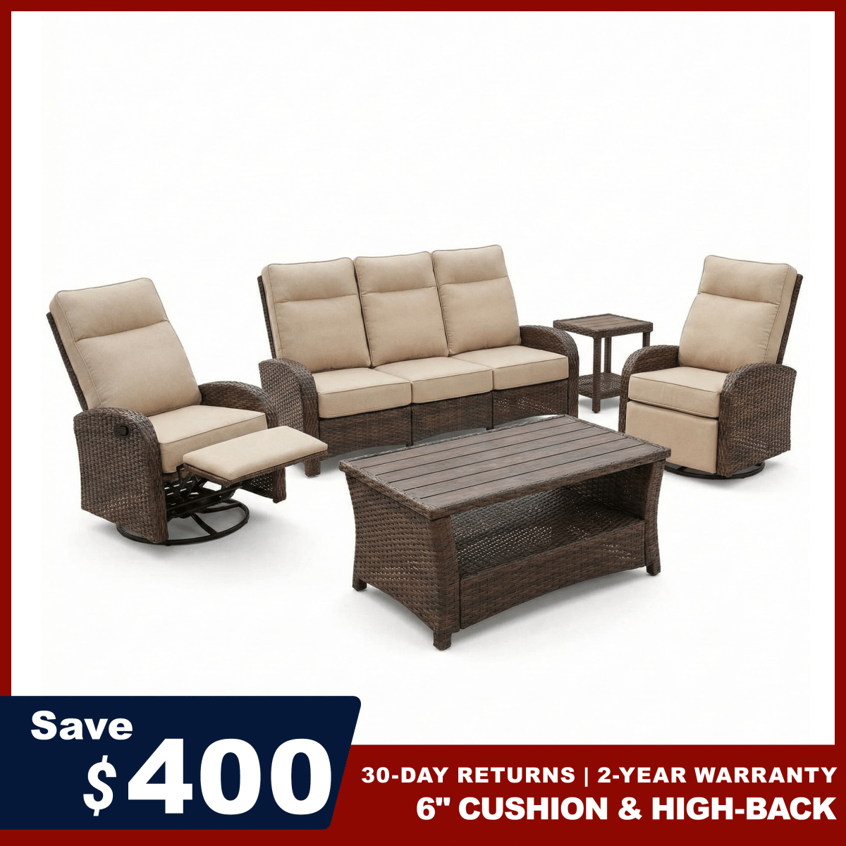 5PC Patio Wicker Swivel Glider Recliners Sofa Set, with Coffee Table and Side Table, Beige