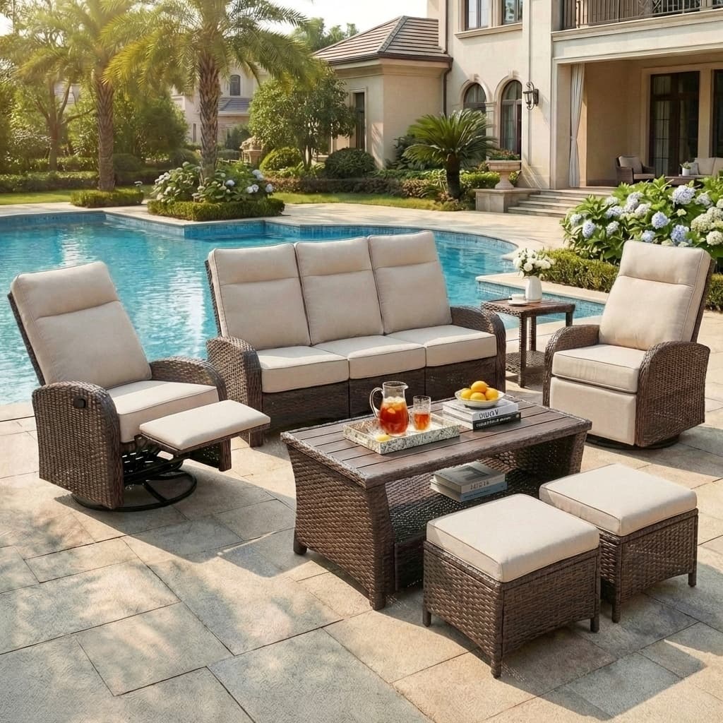 7PC Patio Wicker Swivel Glider Recliners Sofa Set, with Coffee Table and Side Table, Beige
