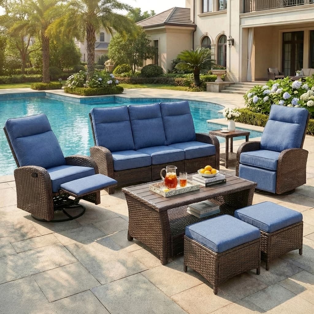 7PC Patio Wicker Swivel Glider Recliners Sofa Set, with Coffee Table and Side Table, Blue