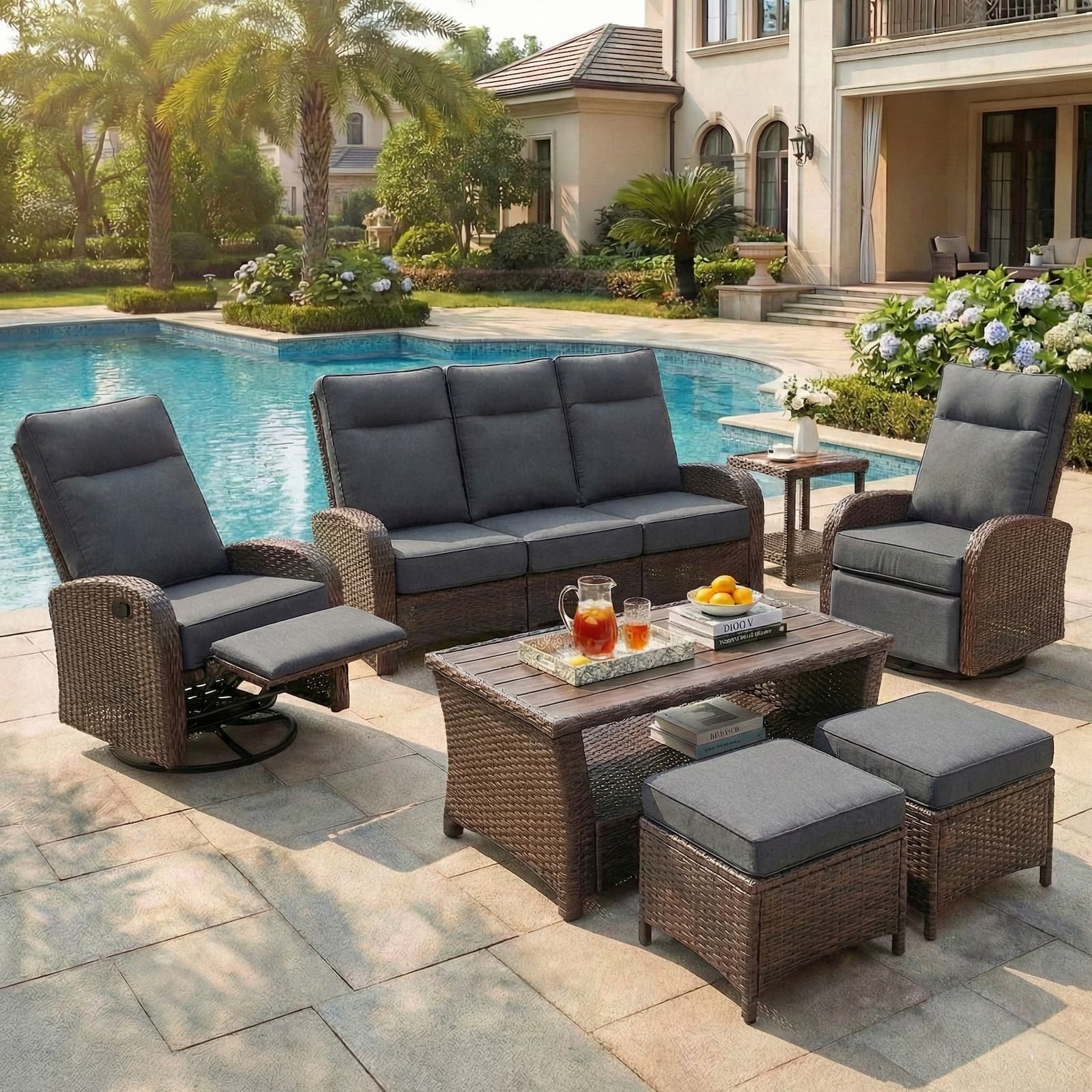 7PC Patio Wicker Swivel Glider Recliners Sofa Set, with Coffee Table and Side Table, Grey