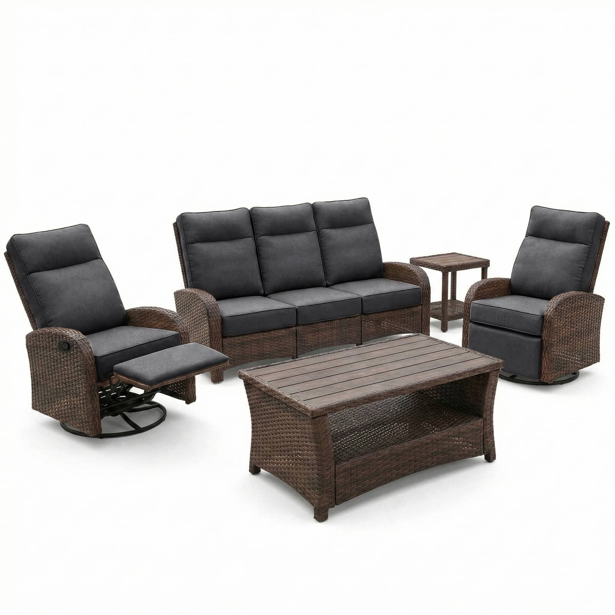 5PC Patio Wicker Swivel Glider Recliners Sofa Set, with Coffee Table and Side Table, Blue