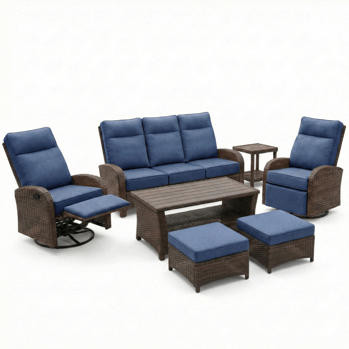 7PC Patio Wicker Swivel Glider Recliners Sofa Set, with Coffee Table and Side Table, Beige