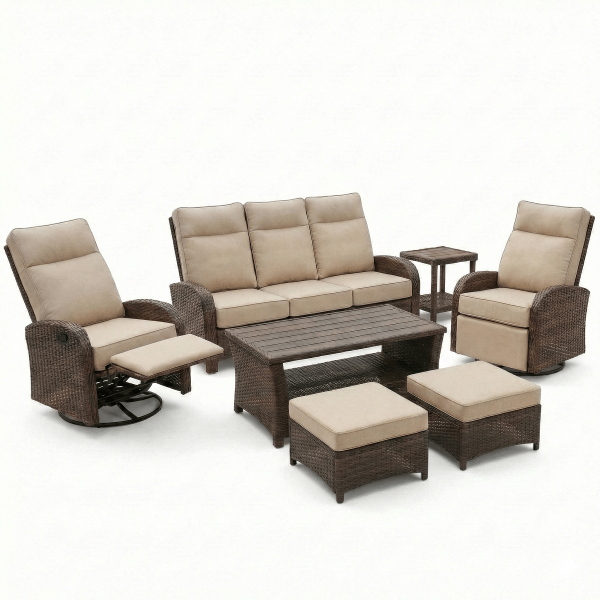 7PC Patio Wicker Swivel Glider Recliners Sofa Set, with Coffee Table and Side Table, Beige