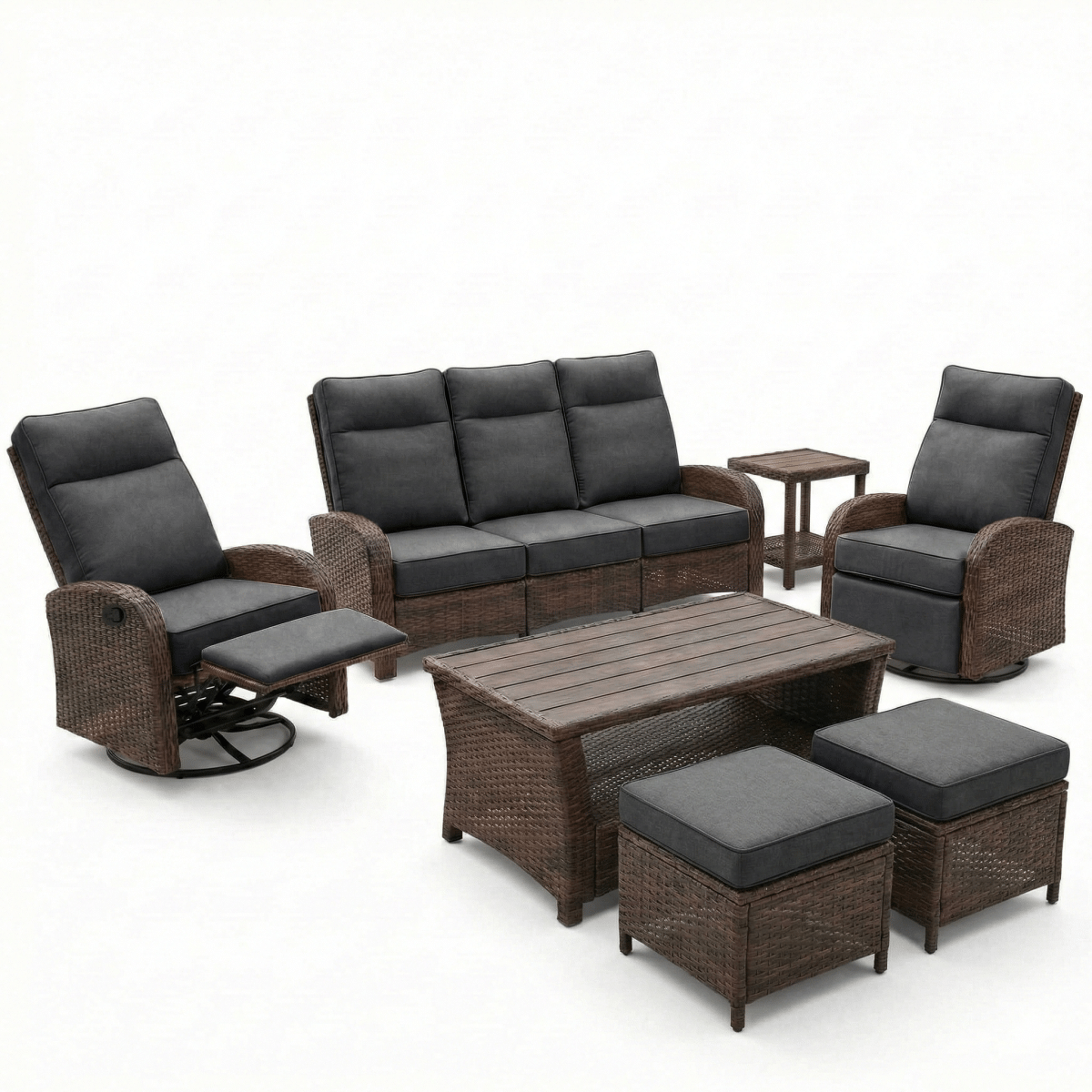 7PC Patio Wicker Swivel Glider Recliners Sofa Set, with Coffee Table and Side Table, Beige