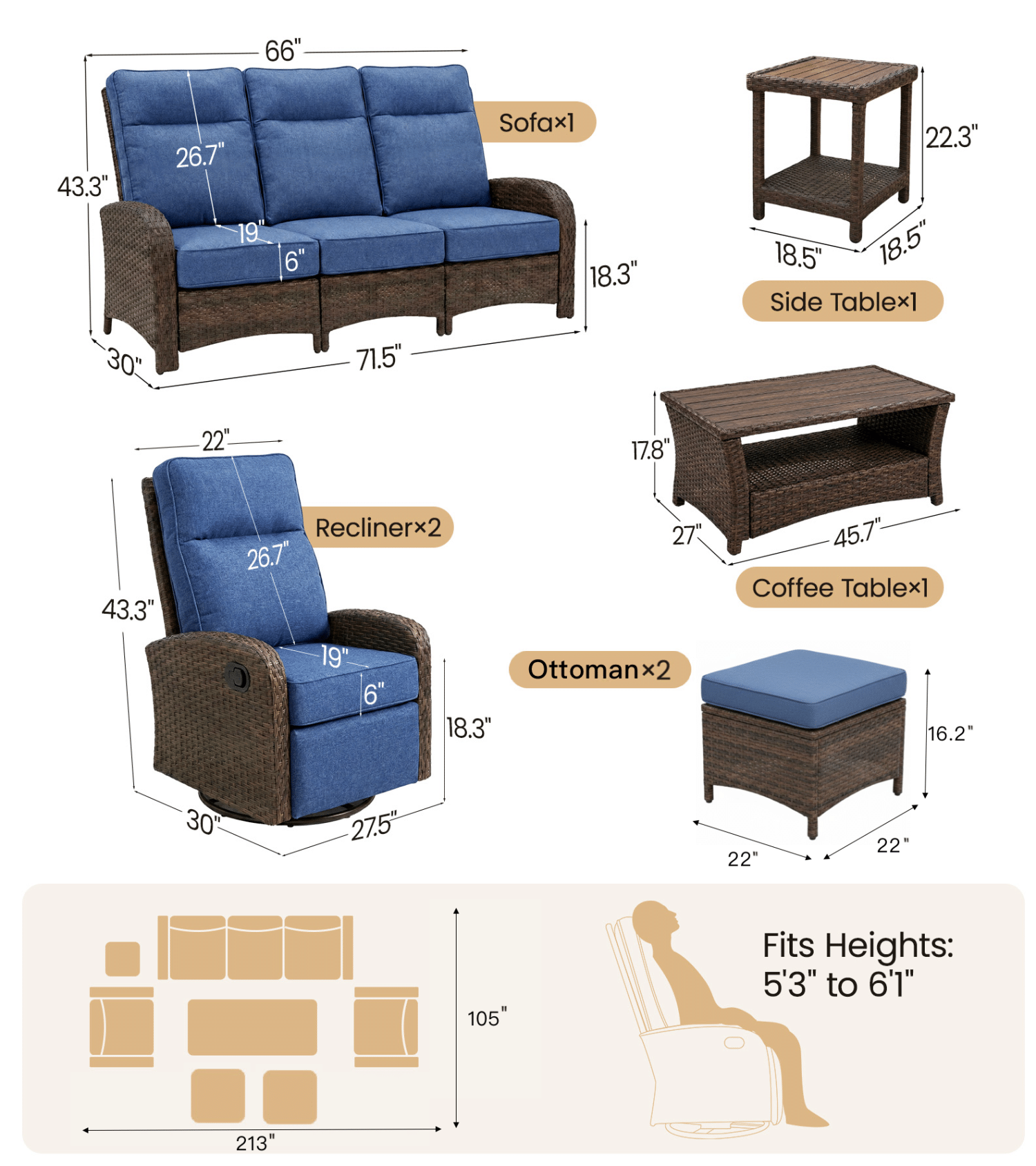 7PC Patio Wicker Swivel Glider Recliners Sofa Set, with Coffee Table and Side Table, Beige